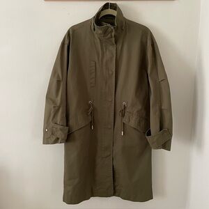 Zara Cotton Trench Coat Hooded Parka Small Olive Green